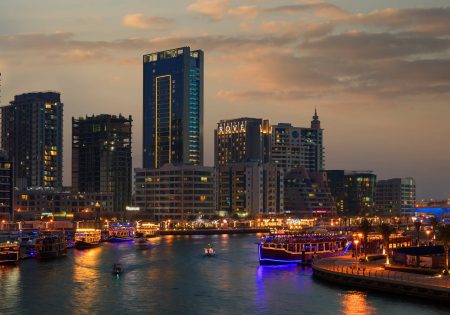 Building Rove Marina by night